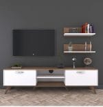 ⁦وحدة تليفزيون مع ارفف علوية 30×150 سم – بنى مع أبيض – TV047⁩ - الصورة ⁦2⁩