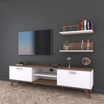 وحدة تليفزيون مع ارفف علوية 30×150 سم – بنى مع أبيض – TV047