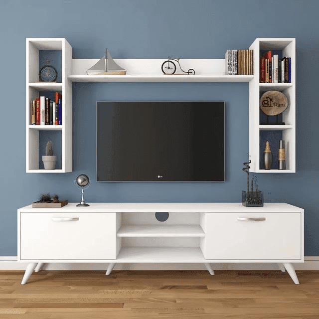 1708686398692 ترابيزة تليفزيون مع أرفف علوية 30×180سم - أبيض -TV0114 - الصورة 1